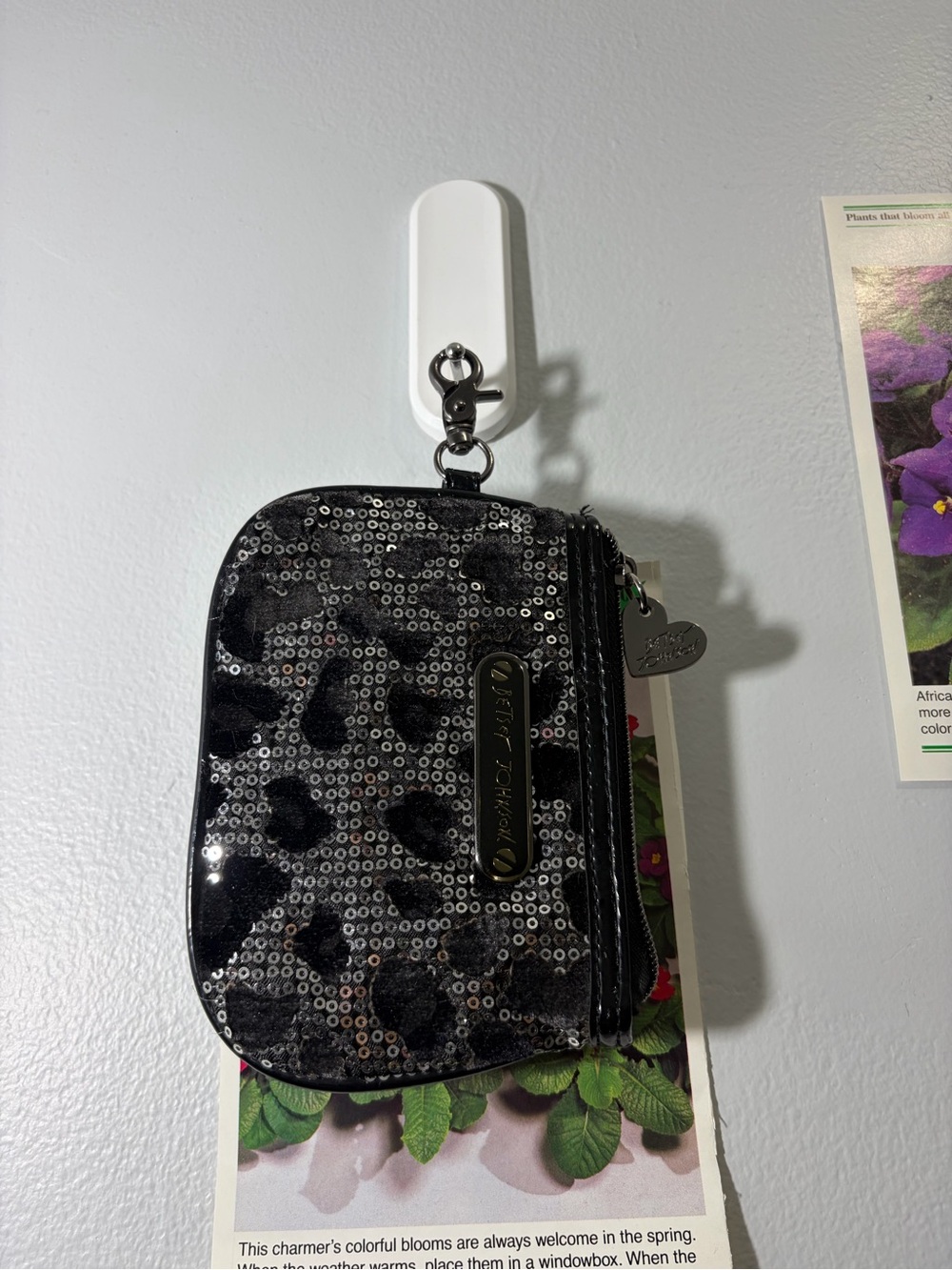 Betsey Johnson Black Sequin Heart Pattern Zip Wallet Keychain